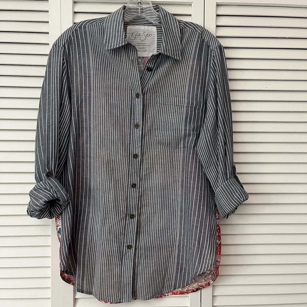 Kyla Seo Mix media button front collared shirt, size S. Bohemian, preppy, boho